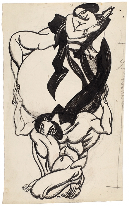 [Один из крупнейших мастеров первой трети ХХ столетия] Яковлев Александр Евгеньевич (1887–1938) «Атлант». На обороте набросок фигуры обезьяны. 1910-е. Бумага, графитный карандаш, тушь, перо, 26x15,7 см.