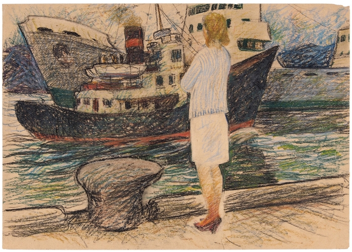 Улупов Марк Иванович (1924–1997) «В порту». 1970. Бумага, масляная пастель, 39,8x56,5 см.