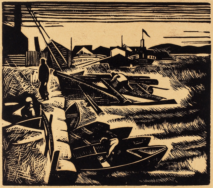 [Собрание художника И.А. Соколова] Неизвестный художник «Лодки». 1920-е. Бумага, линогравюра, 20x22,5 см.