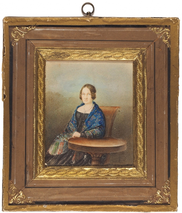 [Собрание коллекционера Ю.Г. Епатко] Неизвестный художник «Дама за столом». 1840-е. Бумага, акварель, 14,3x12 см (в свету).