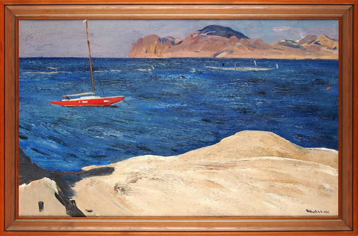 Отиев Виктор Александрович (1935–1999) «Красная яхта (Карадаг)». 1969. Картон, масло, 50x80 см.