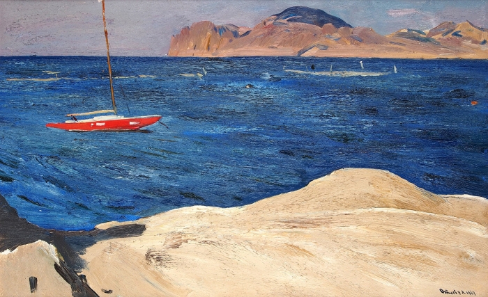 Отиев Виктор Александрович (1935–1999) «Красная яхта (Карадаг)». 1969. Картон, масло, 50x80 см.
