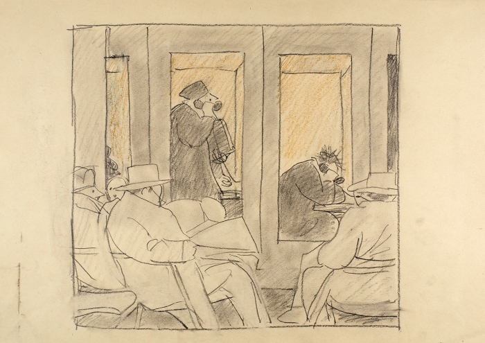 Сойфертис Леонид Владимирович (1911–1996) «На переговорной». 1960-е. Бумага, цветные карандаши, 30x42 см.