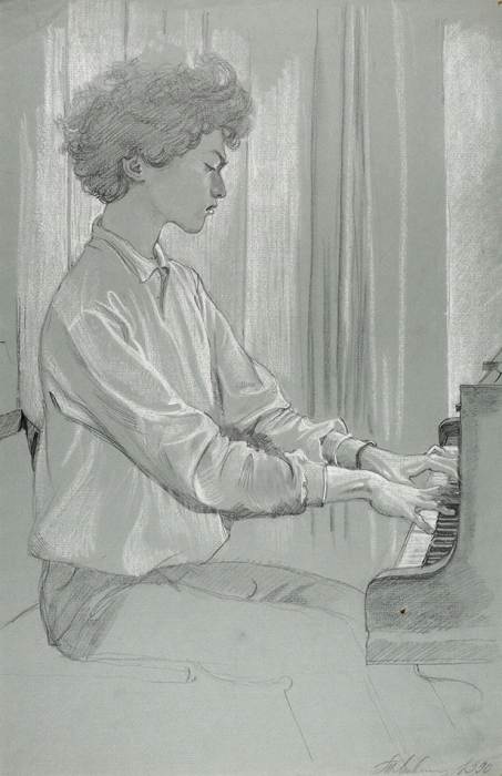 [Пианист-виртуоз] Лившиц Татьяна Исааковна (1925–2010) «Женя Кисин». 1990. Бумага, графитный карандаш, мел, 50x32,4 см.