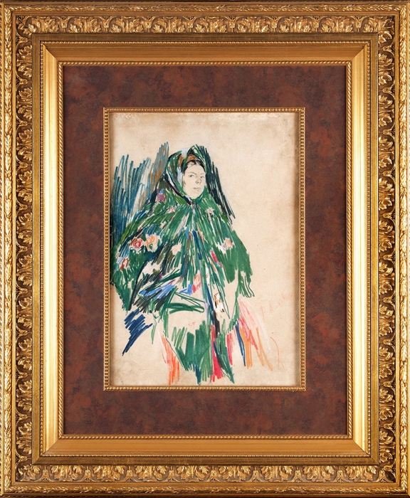 Малявин Филипп Андреевич (1869–1940) «Баба в зеленой шали». 1910-е. Бумага, цветные восковые и графитный карандаши, 45,5x30,5 см.