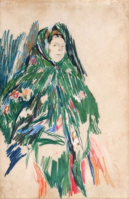 Малявин Филипп Андреевич (1869–1940) «Баба в зеленой шали». 1910-е. Бумага, цветные восковые и графитный карандаши, 45,5x30,5 см.