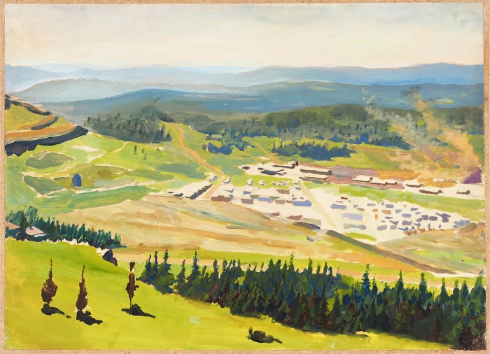 Неясов Василий Андреевич (1926–1984) «Вид на Верхнеуральские горы. Извоз». 1950-е. Картон на оргалите, масло, 30,5x42,5 см.