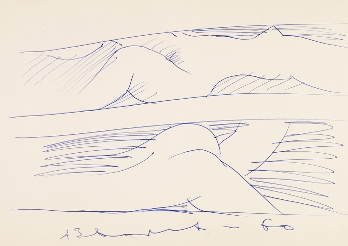 Зверев Анатолий Тимофеевич (1931 — 1986) Две зарисовки обнаженной модели. 1960. Бумага, синяя шариковая ручка, 18,8x26,8 см.