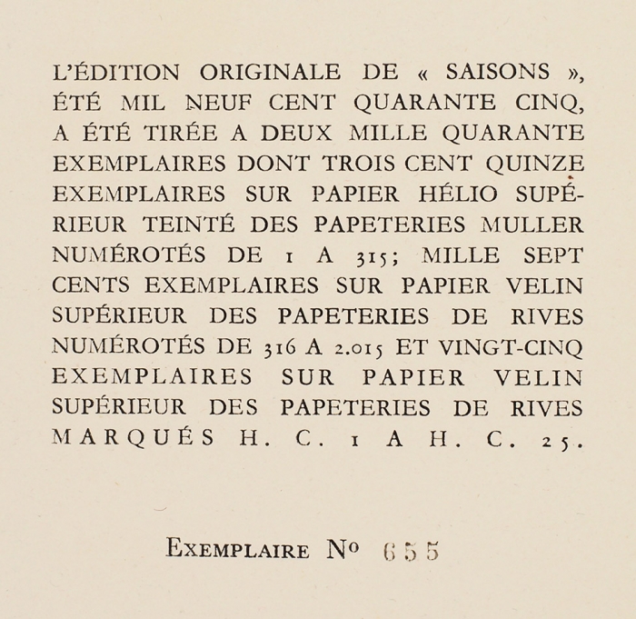 [Из библиотеки Ремизова с его автографом] Saisons: Альманах литературы и искусства. [На фр. яз.]. Вып. 1-2. Париж: Editions du Pavois, 1945-1946.