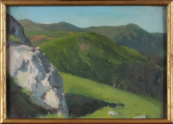 [С подтверждением дочери художника] Кустодиев Борис Михайлович (1878–1927) «Горный пейзаж». 1910-е. Холст на картоне, масло, 17,5x25 см.