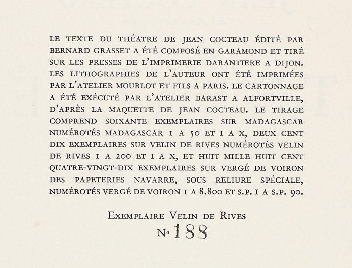 [Книга художника с 40 автолитографиями] Кокто, Ж. Театр. [Jean Cocteau. Théâtre. На фр. яз.]. В 2 т. Т. 1-2. [Париж]: Grasset, 1957.