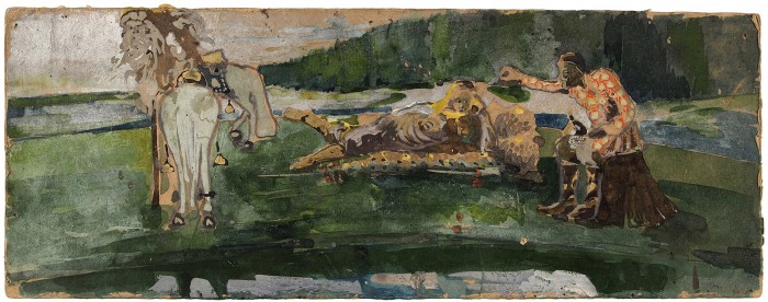 Неизвестный художник «Былина». Первая четверть ХХ века. Картон, акварель, белила, серебряная краска, 13x34 см.
