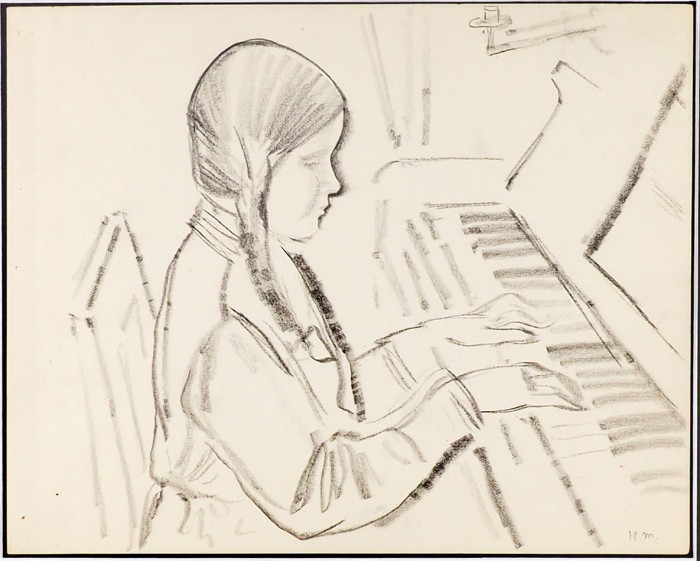 Трошин Николай Степанович (1897–1990) «Юная пианистка». 1930-е. Бумага, графитный карандаш, 17,5x22 см.