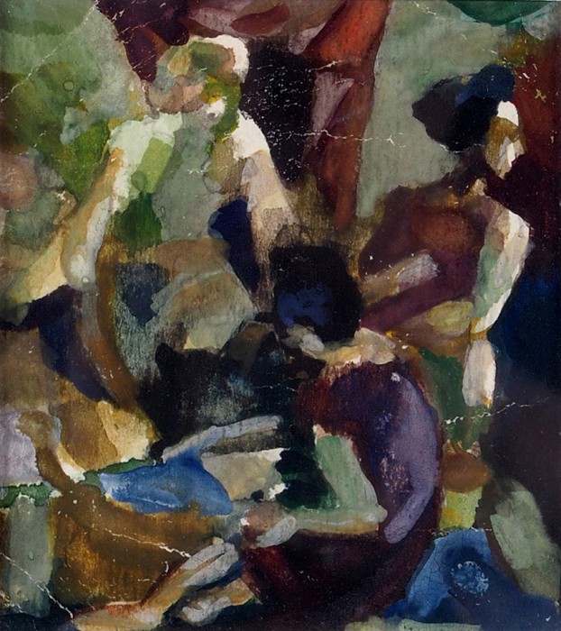 Жегин Лев Федорович (1892–1969) «Разговор». 1950-е. Бумага, смешанная техника, 7x6 см (в свету).