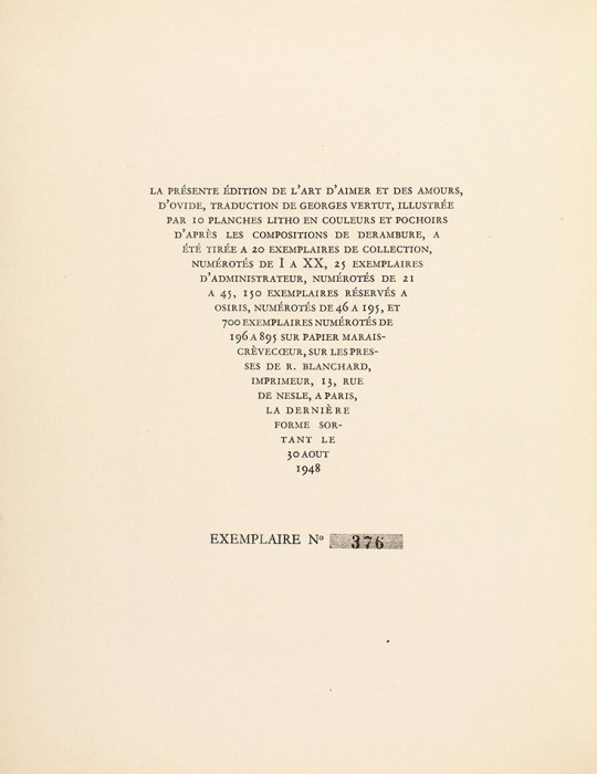 [Библиофильская эротика] Овидий. Искусство любви. [Ovide. L’Art d’aimer les amours. На фр. яз.] Париж: Editions Athena, 1948.