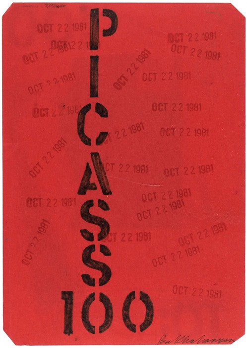 [Собрание семьи художника] Бахчанян Вагрич Акопович (1938–2009) «Picasso 100». 1981. Бумага, авторская техника, коллаж, 20,3x14,5 см.